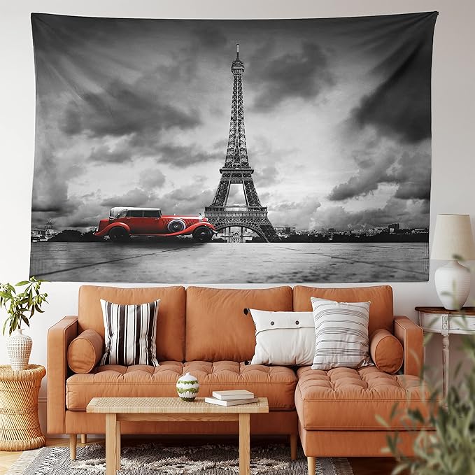 Ambesonne Eiffel Tower Tapestry King Size, Image of Eiffel Tower Paris France Vintage Car Street Dark Clouds, Wall Hanging Bedspread Bed Cover Wall Decor, 104" X 88", Black Red
