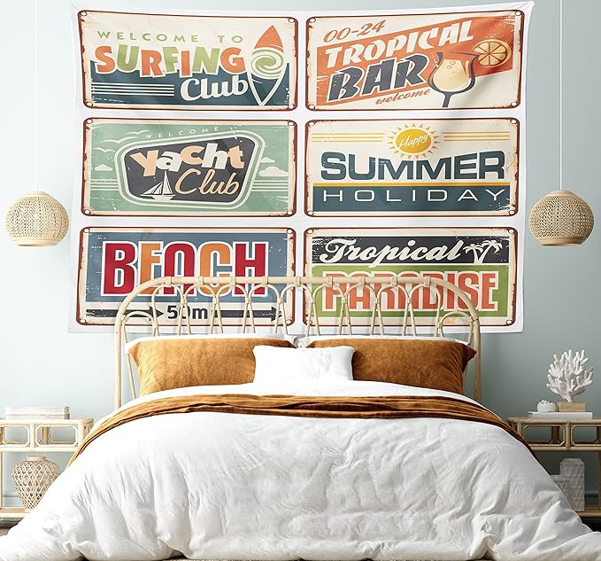Ambesonne Retro Tapestry, Summer Holiday Vintage Camping Beach Sign Boards in Old Style Faint Colors Art Print, Wide Wall Hanging for Bedroom Living Room Dorm, 60" X 40", Cream