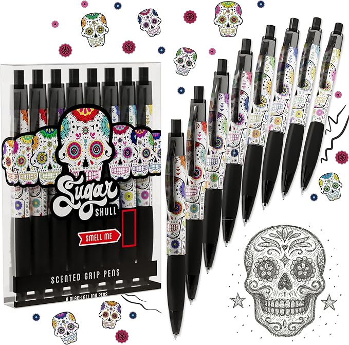 Sugar Skull Smens - Patented Gourmet Scented Pens, Black Ink, Medium Point - 8 Count