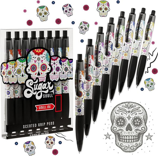 Sugar Skull Smens - Patented Gourmet Scented Pens, Black Ink, Medium Point - 8 Count