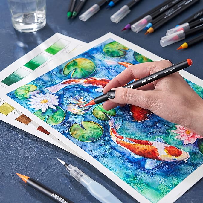 ARTEZA Real Brush Pens, 96 Watercolor Pens with 108-Slot Case, Drawing Markers with Flexible Brush Tips, Watercolor Markers for Artists