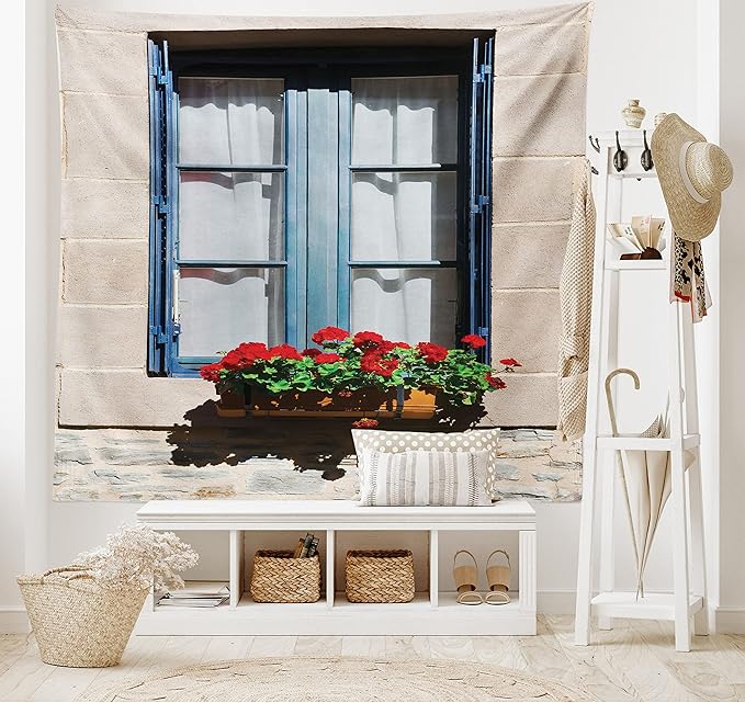 Ambesonne Country Tapestry, Mediterranean Style Window Open Shutters Image French Urban Life Theme Print, Fabric Wall Hanging Decor for Bedroom Living Room Dorm, 30" X 45", Blue Grey