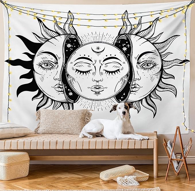 Ambesonne Moon Tapestry King Size, Monochrome Sun and Moon Pattern Oriental Image Culture Inspired Design Print, Wall Hanging Bedspread Bed Cover Wall Decor, 104" X 88", White Black