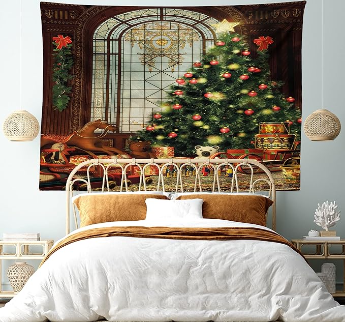 Ambesonne Christmas Tapestry King Size, Vintage Ambiance Big Old Fashioned Window Xmas Tree Various Presents, Wall Hanging Bedspread Bed Cover Wall Decor, King Size, Brown Red Green