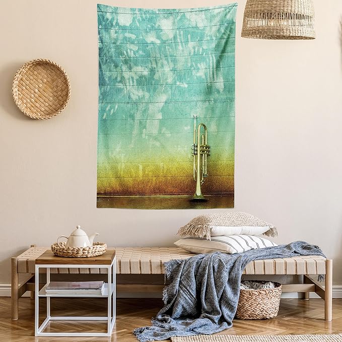 Ambesonne Music Tapestry Twin Size, Old Aged Worn Single Trumpet Stands Alone Against a Faded Wall Jazz Theme Photo, Wall Hanging Bedspread Bed Cover Wall Decor, 68" X 88", Teal Brown