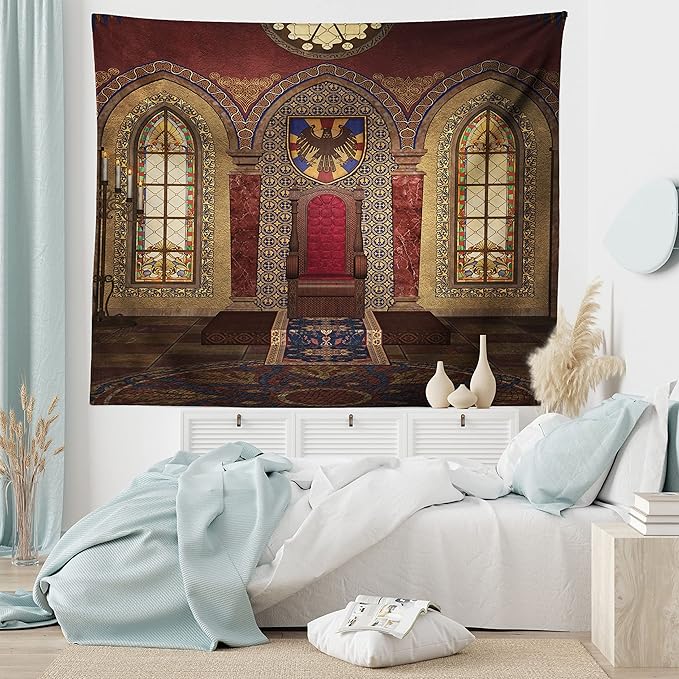Ambesonne Gothic Tapestry, Red Medieval in Chapel Eagle Portrait on Wall Fantasy Building Print, Fabric Wall Hanging Decor for Bedroom Living Room Dorm, 28" X 23", Brown Ruby