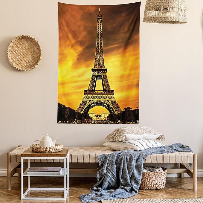 Ambesonne Eiffel Tower Tapestry Queen Size, Paris Love City Monument in Dramatic Sunrise Picture of French Landmark, Wall Hanging Bedspread Bed Cover Wall Decor, 88" X 88", Yellow Brown