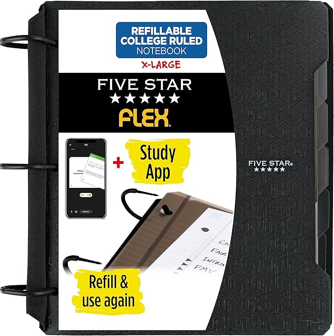 Five Star Flex Refillable Notebook + Study App, College Ruled Paper and 1-1/2 Inch TechLock Ring Binder with Pockets, Tabs and Dividers, 300 Sheet Capacity, Black (29324AA2)