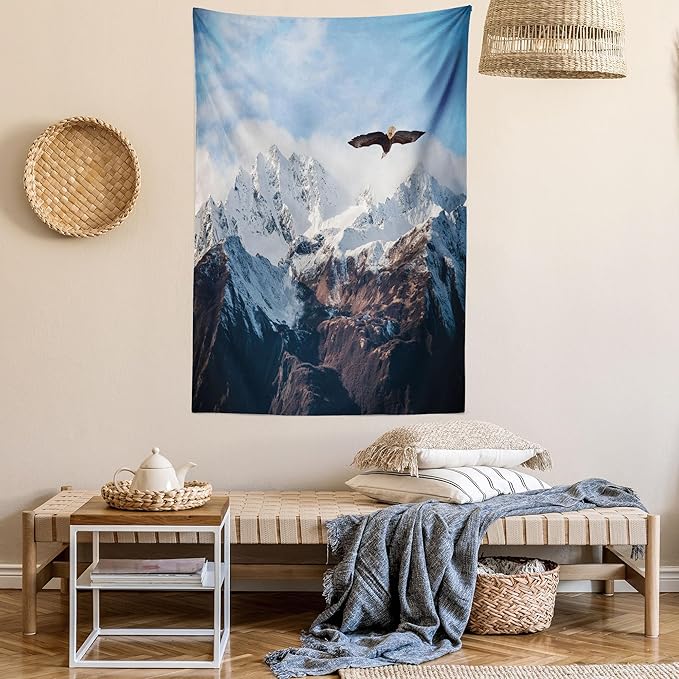 Ambesonne Mountain Tapestry, Frozen Peaks Tops of the Mountain with a Flying Eagle Free in Nature Photo, Fabric Wall Hanging Decor for Bedroom Living Room Dorm, 23" X 28", Brown White Blue