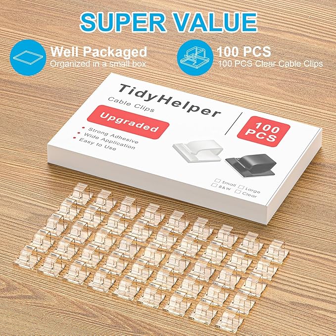 100 PCS Cable Clips, Upgraded Adhesive Wire Clips for Cords, Strong Wire Holders Cord Organizer for Cable Management, Christmas Lights, TV coax, Extension Cord, Power Cable, HDMI (Large, Clear)