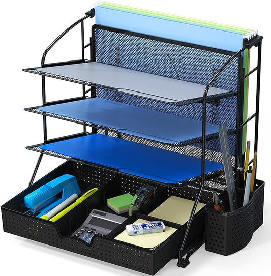 Simple Houseware Desktop Document Tray Organizer with Sliding Drawer/Caddy/Hanging File Section, Black