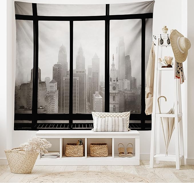 Ambesonne City Tapestry, Philadelphia City Rooftop View Through Window Skyline Landmark Rooftop Travel, Fabric Wall Hanging Decor for Bedroom Living Room Dorm, 45" X 30", Grey Black