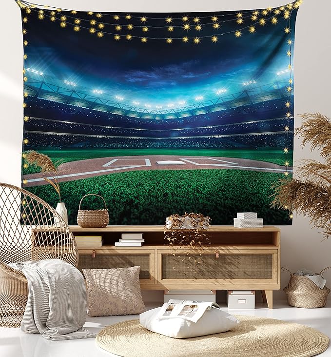 Ambesonne Baseball Tapestry, Professional Baseball Field at Night Vibrant Playground Stadium League Theme Print, Fabric Wall Hanging Decor for Bedroom Living Room Dorm, 45" X 30", Navy Green