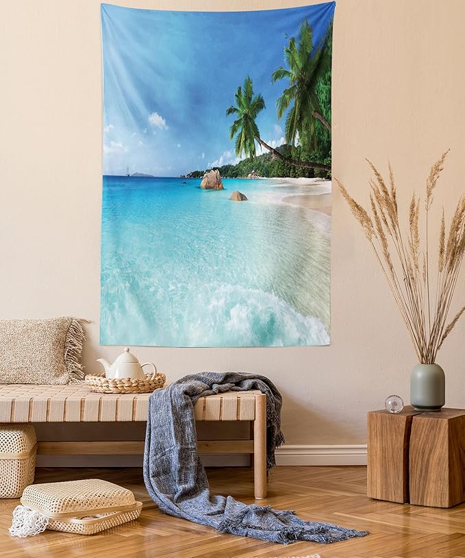 Ambesonne Ocean Tapestry, Anse Lazio Beach at Praslin Island Surfing Beach Scenic View Travel, Fabric Wall Hanging Decor for Bedroom Living Room Dorm, 30" X 45", Blue and Turquoise