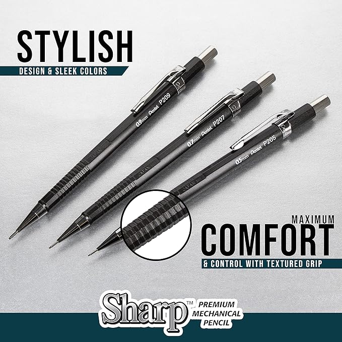 Pentel Sharp Mechanical Pencil (0.5mm), Fine Line, Black Barrel, Pack of 2 (P205BP2)