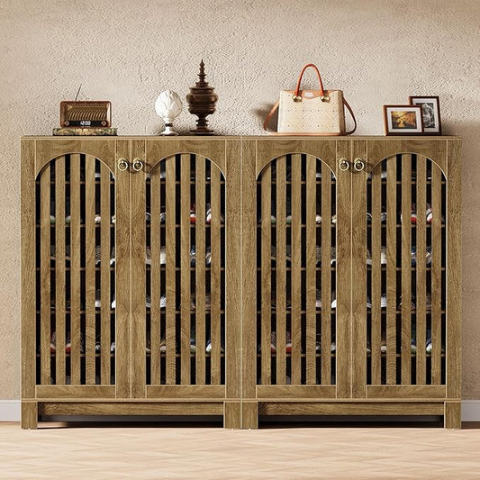 Tribesigns Shoe Cabinet Set of 2, Wood Shoe Organizer Cabinet with Doors & Adjustable Shelves, Shoe Storage Rack for Entryway, Living Room, Bedroom