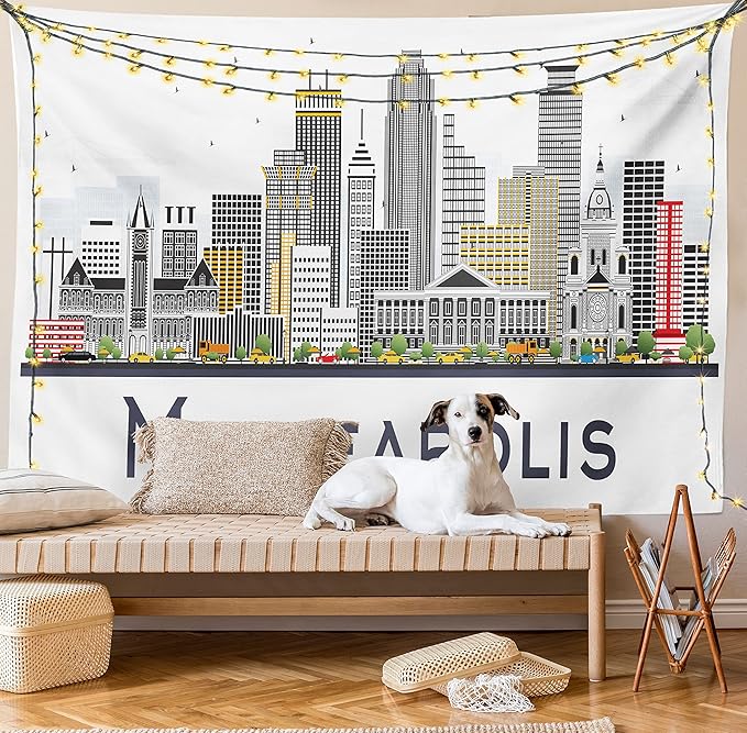 Ambesonne Minnesota Tapestry Queen Size, Elevation of a Street in Minneapolis Image with High Detailed Facades, Wall Hanging Bedspread Bed Cover Wall Decor, 88" X 88", White Grey