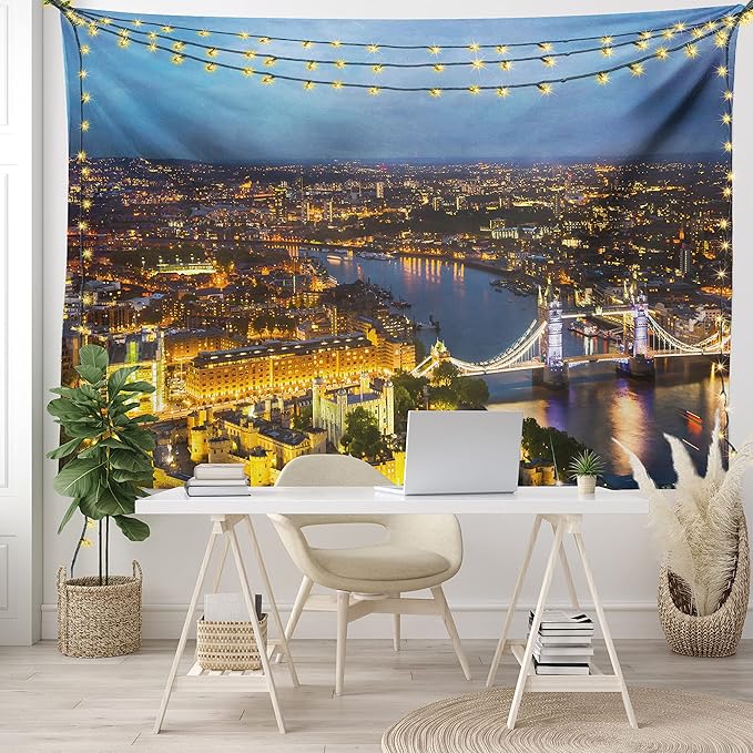 Ambesonne Modern Tapestry Twin Size, Sunset at London England Cityscape Night Time and Tower Bridge Landmark Urban, Wall Hanging Bedspread Bed Cover Wall Decor, Twin Size, Yellow Bluegrey