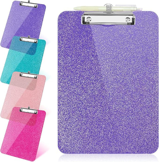 1 Pcs Clear Glitter Clipboards, Plastic Clipboard with Pen Holder,Size 8.85 x 12.4 in Shiny Clipboards with Low Profile Clip,Cute Hanging Clipboard for Office School Supplies Sparkly Clip board-Purple