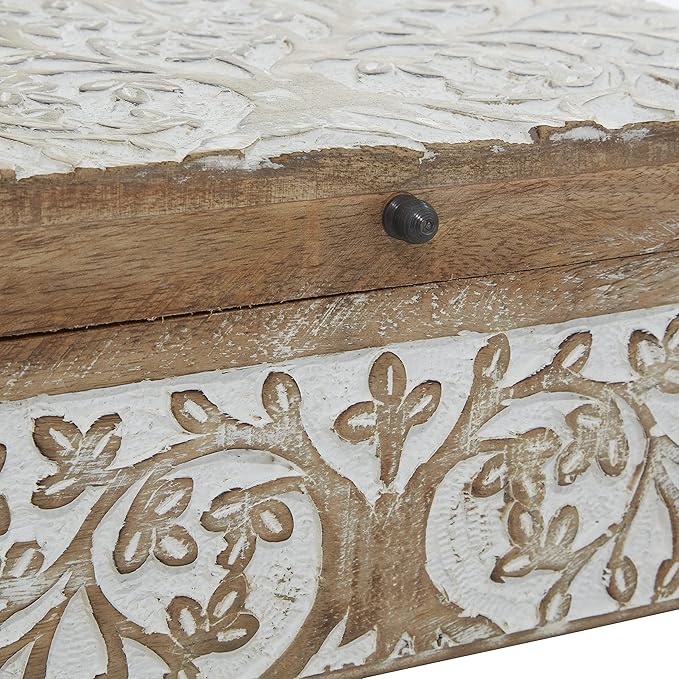 Deco 79 Mango Wood Floral Decorative Box Decorative Keepsake Boxes with Hinged Lid, Set of 3 Storage Boxes 8", 10", 12"W, Brown