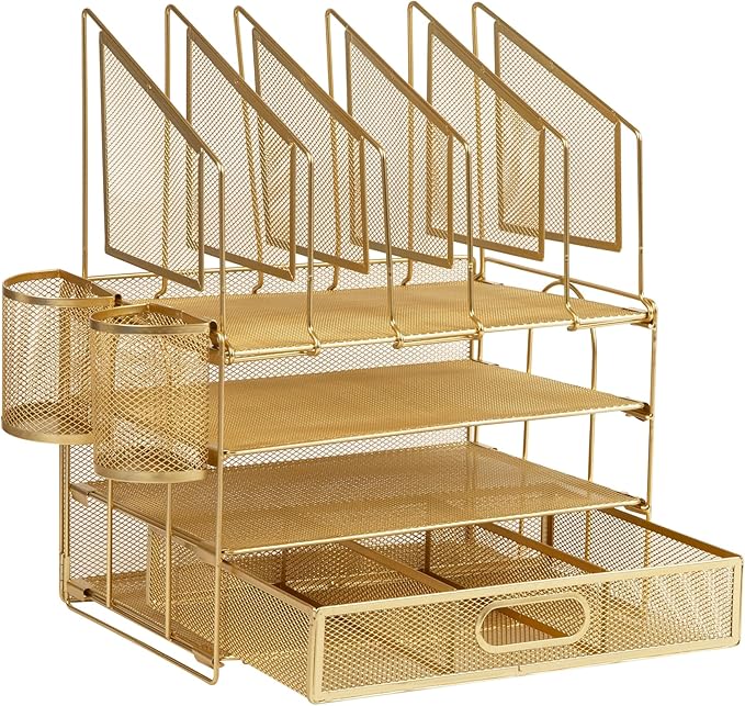 Office Depot® Brand Mesh Desk Organizer With Vertical Storage And Pen Holders, 16" H x 12-3/4"W x 9-1/2"D, Gold