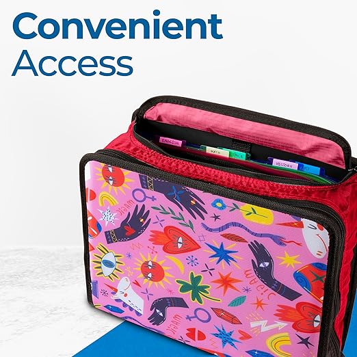 Case-it Mighty Zip Tab School Zipper Binder | 3-Inch O-Rings, 600-Sheet Capacity, 5-Subject Expanding File Folder, Multiple Pockets & Storage Organizer, Shoulder Strap | D-146 Unicorn Magic