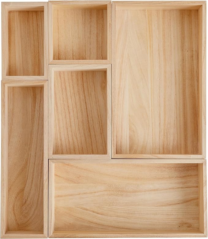 Martha Stewart Enzo Wooden Desk Drawer Organizer Set, Paulownia Wood Organizers in Various Sizes, 6 Piece, Light Natural