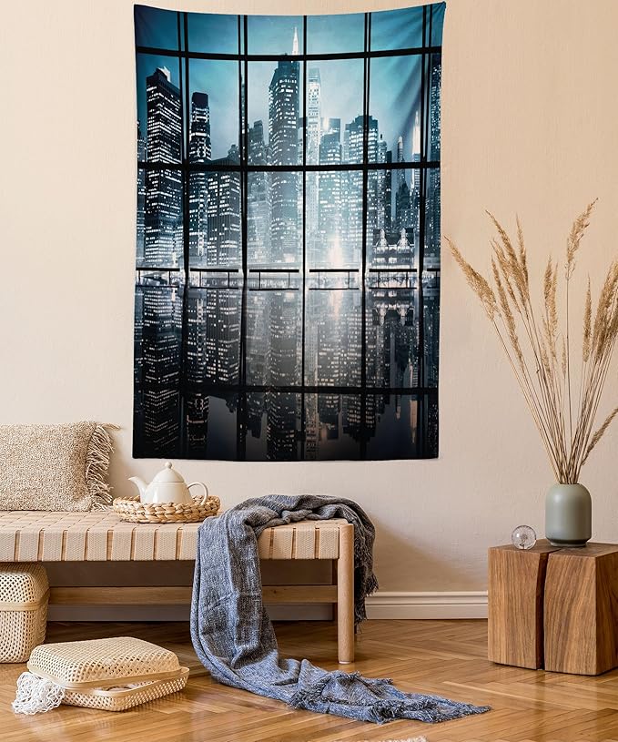 Ambesonne Modern Tapestry Queen Size, Modern New York City Scenery at Night with Skyscrapers Buildings Print, Wall Hanging Bedspread Bed Cover Wall Decor, 88" X 88", Black Blue