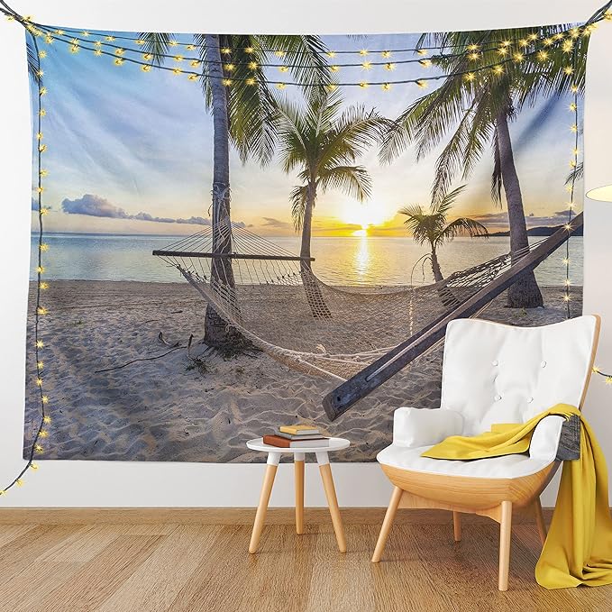 Ambesonne Tropical Tapestry, Paradise Beach Hammock and Coconut Palm Trees Horizon Coast Vacation Scenery, Fabric Wall Hanging Decor for Bedroom Living Room Dorm, 28" X 23", Sand Brown