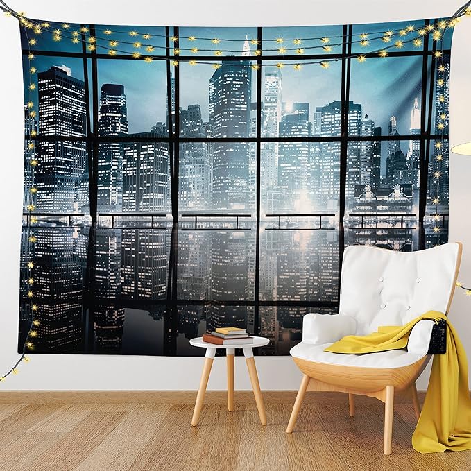 Ambesonne Modern Tapestry King Size, Modern New York City Scenery at Night with Skyscrapers Buildings Print, Wall Hanging Bedspread Bed Cover Wall Decor, 104" X 88", Black Blue