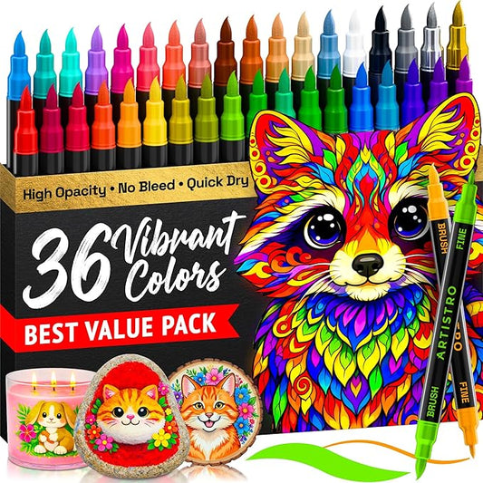 ARTISTRO 36 Acrylic Paint Markers - Paint Pens for Calligraphy, Brush + Fine Tips - For Fabric, Rock, Glass, Wood, DIY, Craft, Canvas - Art and Craft Supplies for Adults, Teens, Kids
