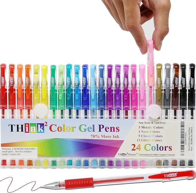 [24 Colors] Think2 Color Gel Pens Set for Teens and Adult. Perfect for Drawing, Journaling, Doodling, Scrapbooking