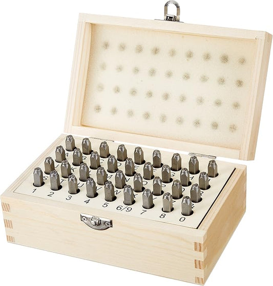 Amazon Basics Metal Stamping Kit, Alphabet and Number Stamps, 36-Piece Set with Wood Storage Case, 4/25 inch, for Leather, Wood, Clay, Crafting
