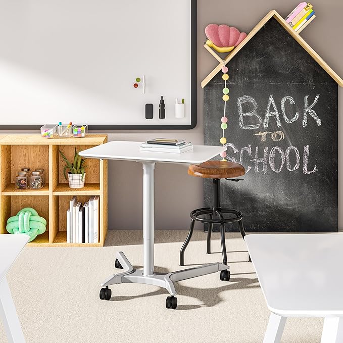 Seville Classics Airlift Height Adjustable Pneumatic Laptop Sit Stand Desk Mobile Rolling Cart, Computer Workstation for Home Office, Classroom, White, 28" Premium Desktop (New Model)