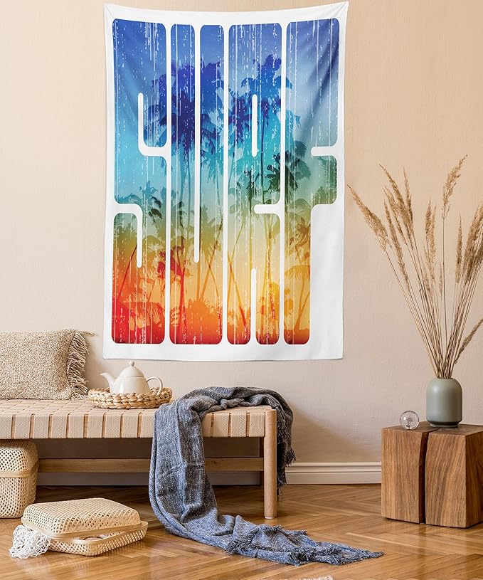 Ambesonne Surf Tapestry Twin Size, Summer Theme Retro Letters That Reflect the Seacoast Palm Tree Extreme Sports Art, Wall Hanging Bedspread Bed Cover Wall Decor, 68" X 88", Navy Orange