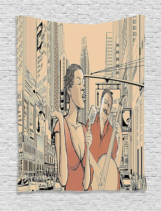 Ambesonne Jazz Music Tapestry, Singer Double-Bass Player in a Street of New York Urban Lifestyle Image, Wall Hanging for Bedroom Living Room Dorm Decor, 40" X 60", Brown Beige