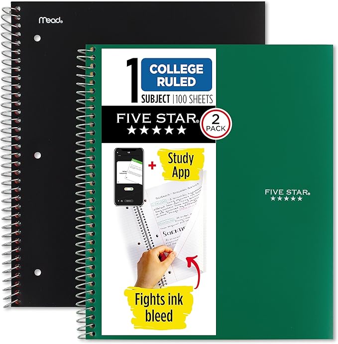 Five Star Spiral Notebook + Study App, 2 Pack, 1-Subject, College Ruled Paper, Fights Ink Bleed, Water Resistant Cover, 8-1/2" x 11", 100 Sheets, Black, Green (820187)