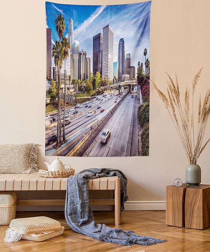 Ambesonne Travel Tapestry, Downtown Cityscape of Los Angeles California USA Avenue Buildings Palms Print, Fabric Wall Hanging Decor for Bedroom Living Room Dorm, 30" X 45", Blue Grey Green