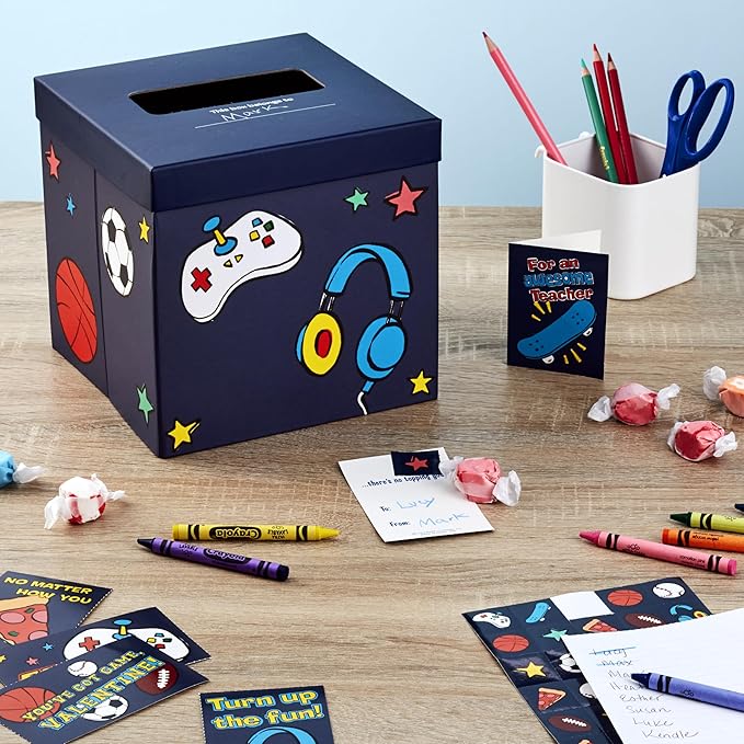 Hallmark Boys Valentines Day Cards and Mailbox for Kids School Classroom Exchange, Games and Sports (1 Box, 32 Valentine Cards, 35 Stickers, 1 Teacher Card)