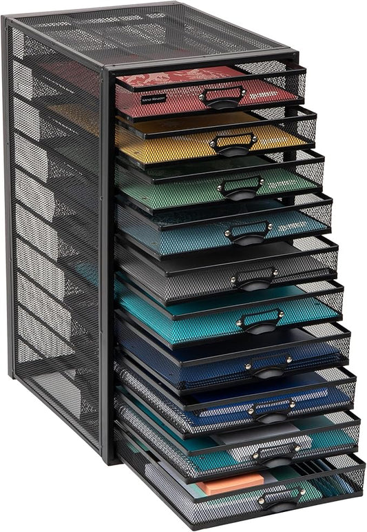 Mind Reader 10-Drawer Desk Organizer for Office Supplies, Crafts, Mail Sorting & More, Metal Mesh, 10.75"L x 14"W x 21.25"H, Black