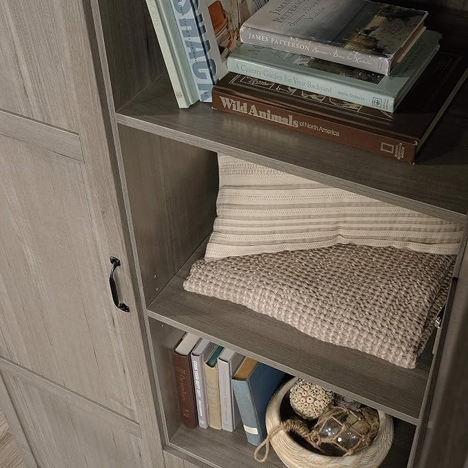 Sauder Select Multipurpose Bedroom Armoire Wardrobe Closet Pantry Storage Cabinet with Storage Drawers and Hanging Rail, in Silver Sycamore