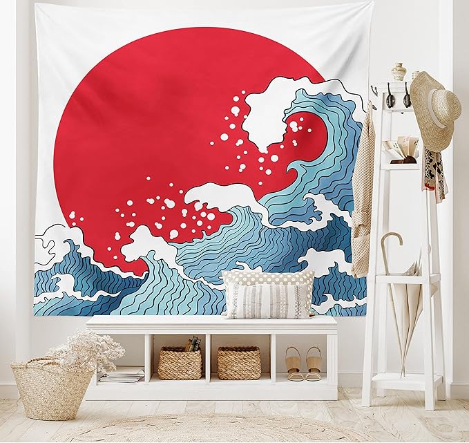Ambesonne Japanese Wave Tapestry Queen Size, Big Red Sun Setting Scenery Tropical Nautical Tsunami Swirls, Wall Hanging Bedspread Bed Cover Wall Decor, Queen Size, Red Blue White