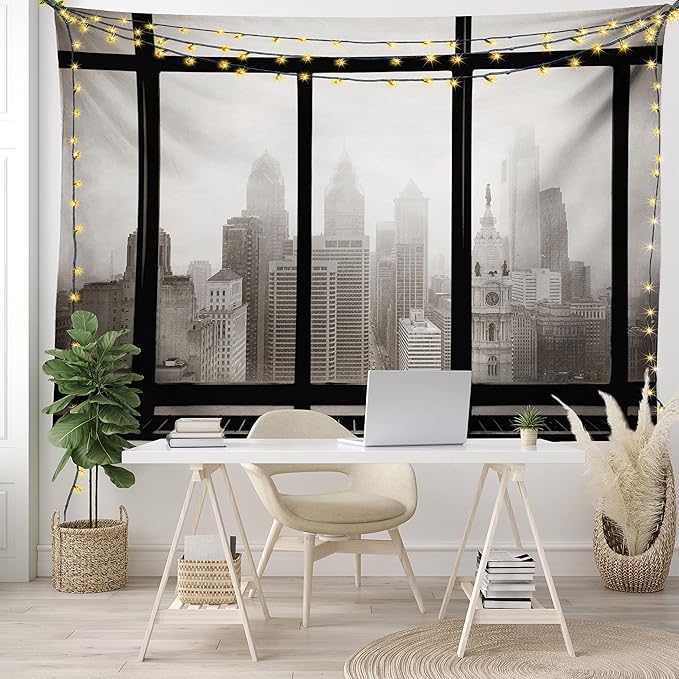 Ambesonne City Tapestry, Philadelphia City Rooftop View Through Window Skyline Landmark Rooftop Travel, Wide Wall Hanging for Bedroom Living Room Dorm, 80" X 60", Grey Black