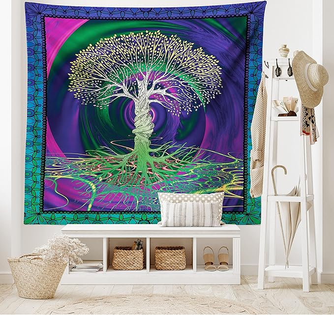 Ambesonne Nature Tapestry, Digital Psychedelic Tree of Life Turning Gothic Background Mystery Display, Fabric Wall Hanging Decor for Bedroom Living Room Dorm, 28" X 23", Fuchsia Purple