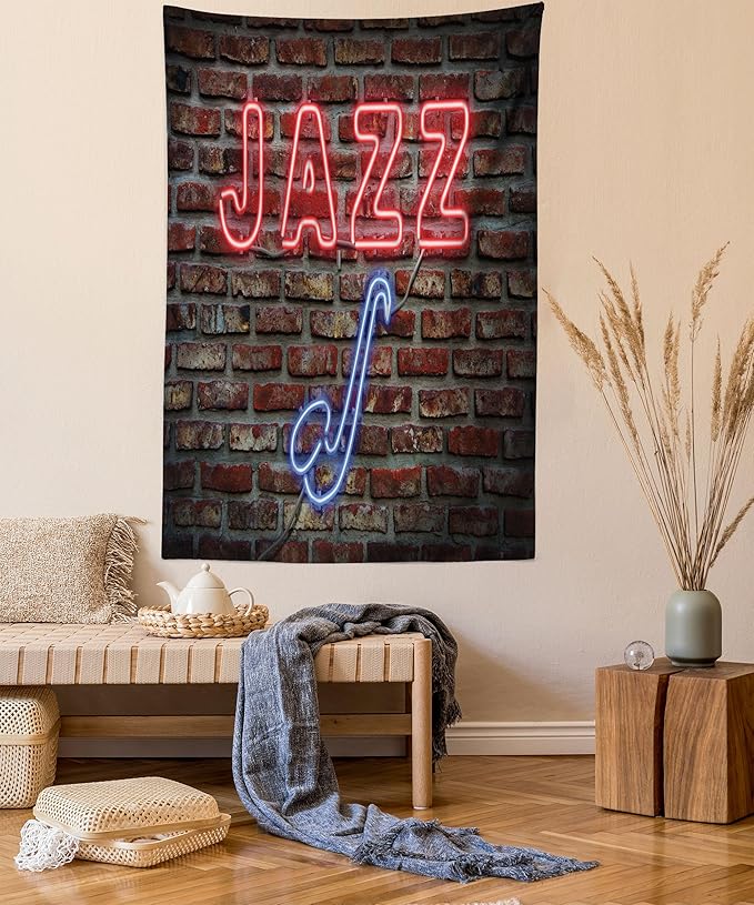 Ambesonne Music Tapestry, Image of Alluring Neon All Jazz Sign Saxophone Instrument on Brick Wall Print, Fabric Wall Hanging Decor for Bedroom Living Room Dorm, 30" X 45", Red Blue
