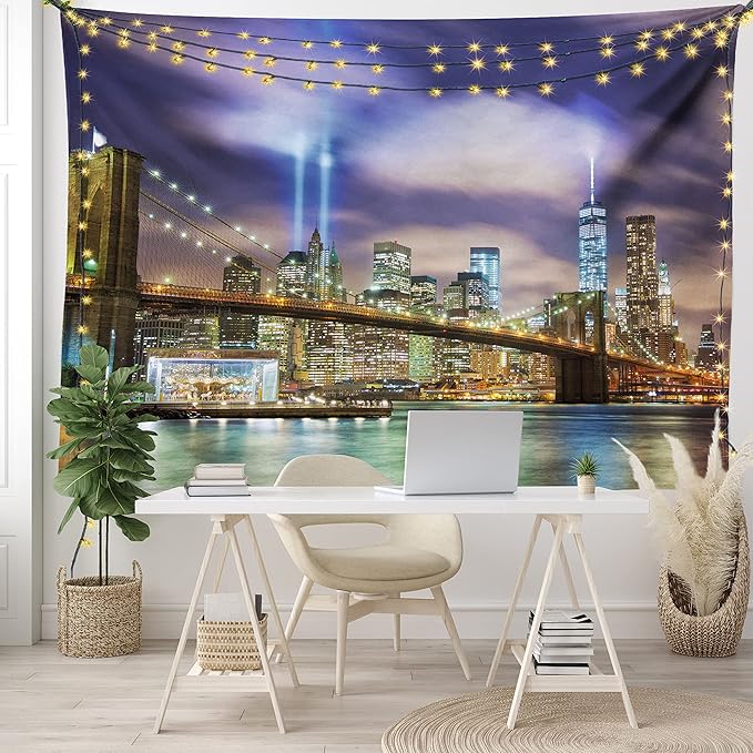 Ambesonne Landscape Tapestry, Manhattan Skyline with Brooklyn Bridge and Towers in NYC United States America, Fabric Wall Hanging Decor for Bedroom Living Room Dorm, 45" X 30", Purple Green