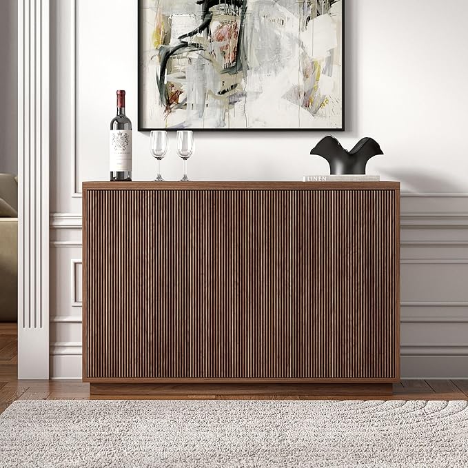 Henn&Hart 47.5'' Fluted Sideboard Buffet Cabinet, Ribbed Modern Wooden Credenza with 3 Doors, Adjustable Shelves, and Cable Management Cut-Outs for Dining Room, Kitchen or Living Room, Satin Walnut