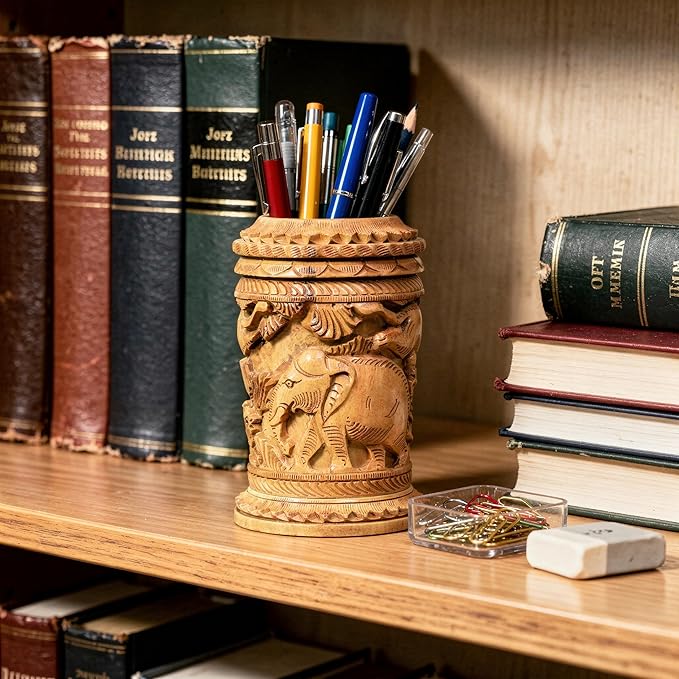 Craft Trade Hand Carved Wood Pen Holder for Desk Organizer for Home School Office Supplies Pencil Cup Pot Storage Box Suitable for Stationery - Camel Brown