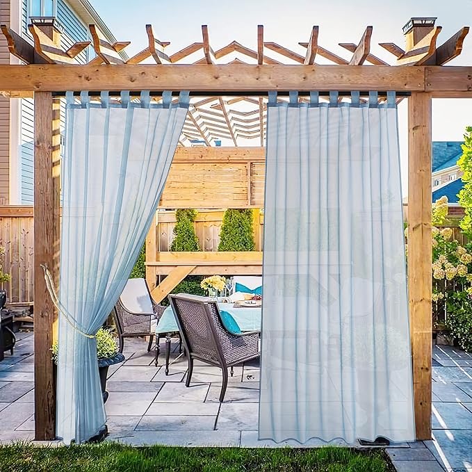 NICETOWN Outdoor Curtains for Patio Waterproof, Self Sticky Tab Top Voile Sheer Drapes Airy & Elegant Drapes Easy Hanging for Cabana/Pool, W54 x L84, 2 Panels, Stone Blue
