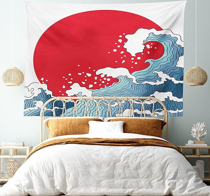 Ambesonne Japanese Wave Tapestry Twin Size, Big Red Sun Setting Scenery Tropical Nautical Tsunami Swirls, Wall Hanging Bedspread Bed Cover Wall Decor, Twin Size, Red Blue White